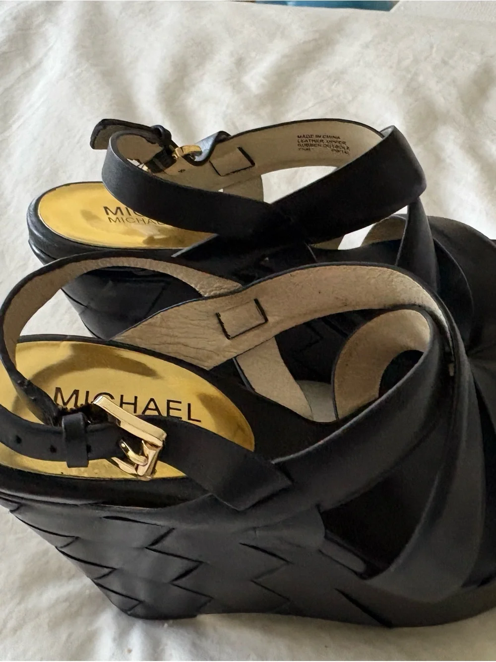 Michael Kors Black Woven Leather Wedge Sandals